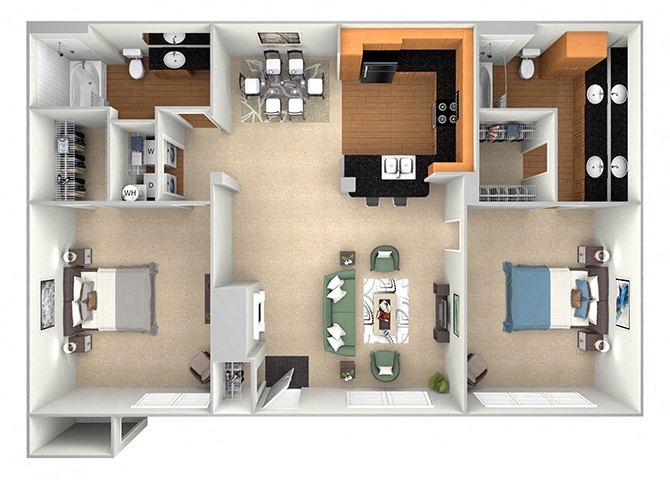 Floor plan for 2 beds, 2 baths, 1134 sqft